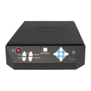 Sophie - Vorlesesystem ist ein schwarzes Tischgerät auf Basis eines Flachbett-Scanners. Mit Tasten auf der Vorderseite und einer Kopfhörerbuchse.