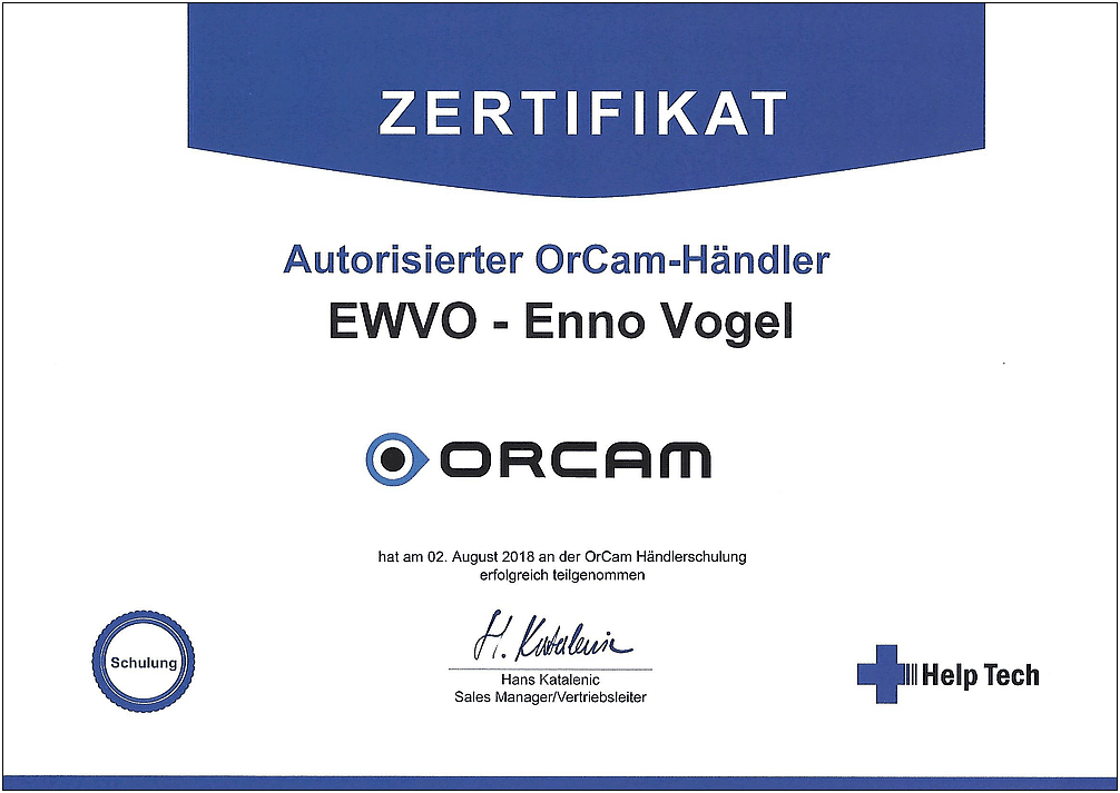Zertifikat von OrCam für Enno Vogel von EWVO